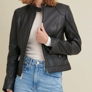 New Black Rivet Leather Jacket with Quilted Shoulder - Large